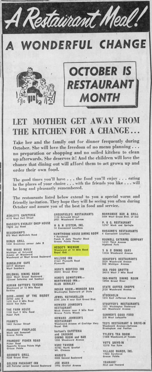 Hedges Wig Wam Restaurant - Nice List Of Old Restaurants October 1953 (newer photo)